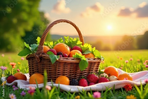 A wicker basket brimming with vibrant oranges, strawberries, and other assorted fruits and berries, rests on a soft blanket in a sun-drenched meadow, a picturesque scene of summer abundance.