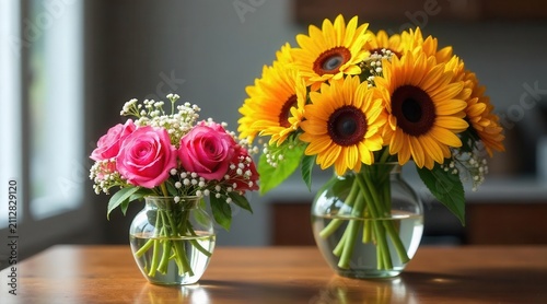 Vibrant Sunflowers and Delicate Pink Roses in Glass Vases on a Wooden Table