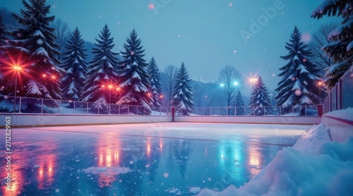 A magical winter evening at an outdoor ice rink, surrounded by snow-covered evergreens and illuminated by soft lighting