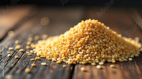 A mound of pale yellow split peas rests on a dark brown wooden surface; scattered peas surround the main pile.