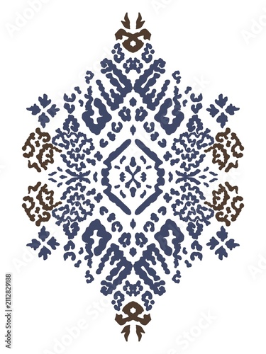 Symmetrical geometric diamond-shaped ornamental pattern with dark blue and brown motifs, featuring floral and abstract elements in a balanced mirrored layout.