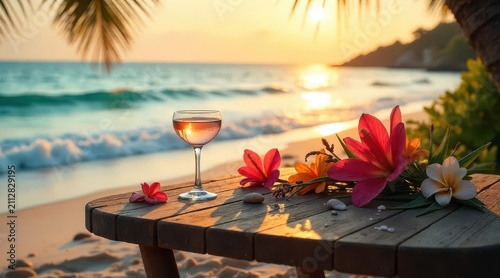 Serene Sunset Beachside Relaxation A Glass of Ros?, Tropical Flowers, and Golden Hour Ambiance