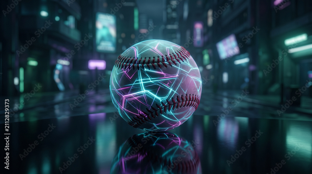 Fototapeta premium Futuristic baseball with glowing cyan and magenta geometric lights in a cyberpunk city street with neon lights.