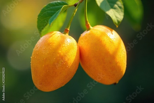 Two ripe, sun-kissed fruits hanging from a branch, glistening with morning dew