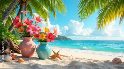 Tropical Beach Scene with Vibrant Flowers in Decorative Vases, Seashells, and Starfish on the Sandy Shore under Sunny Skies