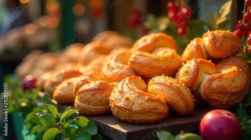 Golden-brown baked goods arranged on a rustic wooden surface, bathed in warm sunlight, surrounded by lush green foliage and ripe red fruits, creating a visually appealing and appetizing scene.