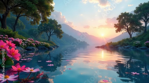 Serene Sunset over a Calm Lake with Blooming Flowers and Majestic Mountains