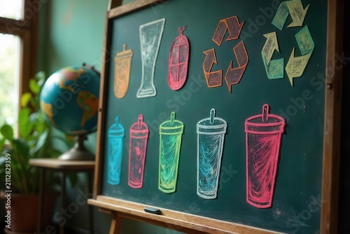 Chalkboard Recycling Initiative Displays Colorful Beverage Container Drawings and Recycling Symbols near a Globe