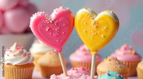 Delightful Heart-Shaped Candy Pops and Sweet Cupcakes A Festive Bakery Treat