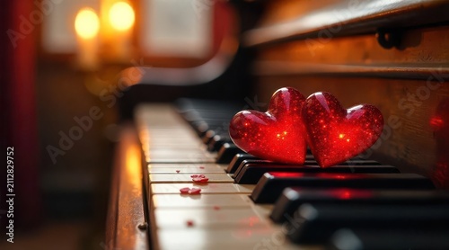 Romantic ambiance Two glistening red hearts rest gently on the ivory keys of an antique piano, bathed in the warm glow of candlelight.