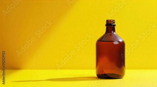 Amber Glass Bottle on Yellow Background A Simple Minimalist Product Photography Image for Commercial Use
