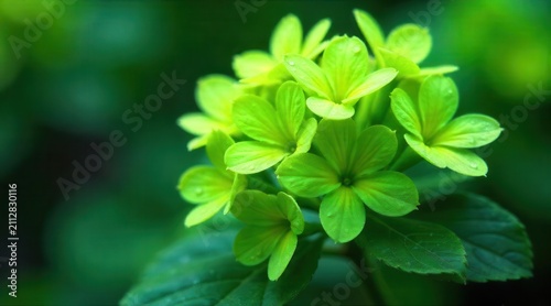 Vibrant Lime Green Blossoms Cluster Close-Up, Delicate Petals Glistening with Dew Drops, Lush Foliage Background