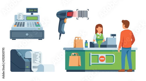 Store Point of Sale Checkout Equipment and Cashier Vector Illustration Set