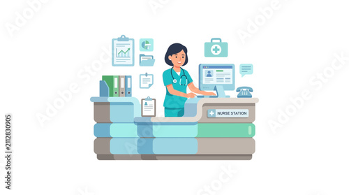 Nurse at reception desk with medical equipment and computer