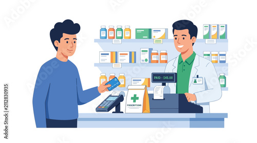 Customer Pays Pharmacist at Pharmacy Counter
