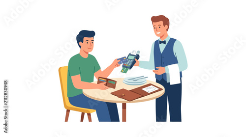 Customer pays with credit card at restaurant table