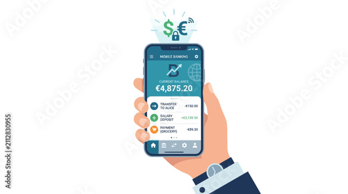 Hand Holding Smartphone with Digital Banking App and Currency Symbols