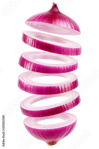 png - 2Red onion floating in sliced layers isolated on transparent background.