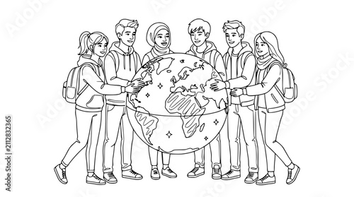 Diverse Students Holding Planet Earth Together, Unity and Global Connection
