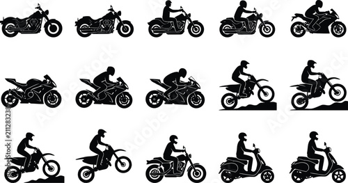 Foto Set of fifteen black and white motorcycle silhouettes showing various bike types