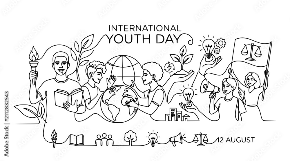 Fototapeta premium International Youth Day Celebration - Diverse People, Global Unity, Ideas, and Progress