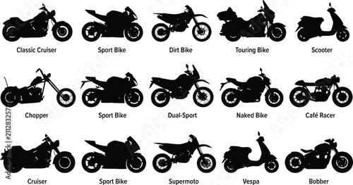 Fotografía Set of fifteen black and white motorcycle silhouettes with labels identifying va