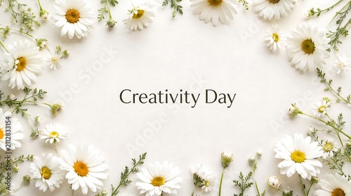 Soft light illuminating white daisy border surrounding creativity text on elegant beige background