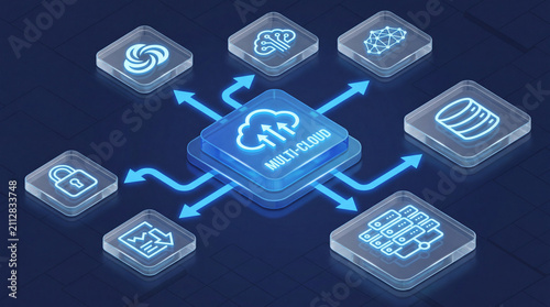 Multi-cloud computing network architecture. Digital cloud storage and data integration system.