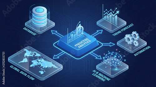 Digital Data Network and Cloud Computing Concept. Modern technology infrastructure with interconnected devices and data analytics.