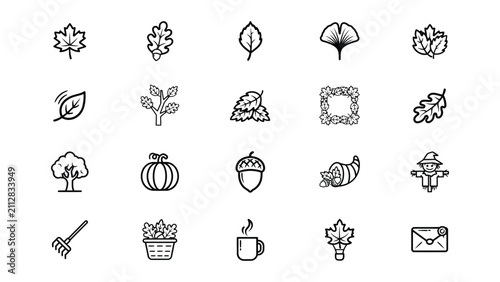 Bild auf Leinwand Collection of autumn themed icons featuring leaves trees pumpkins acorns and har
