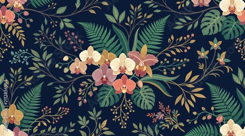 Tropical Orchid Floral Seamless Pattern with Lush Green Fern Leaves on Dark Background
