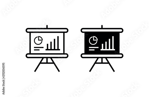 Presentation Board Icon with Pie Chart and Bar Graph, Flat Vector
