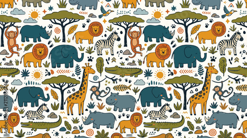 Seamless African Safari Animal Doodle Pattern with Wild Wildlife