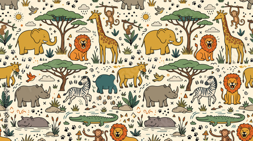 Seamless African Savanna Animals Pattern with Safari Wildlife Illustration