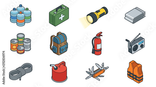 Принти на полотні Essential emergency survival gear icons.