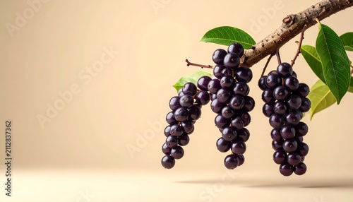Ripe Dark Purple Acai Berries On Branch With Soft Cream Pastel Background