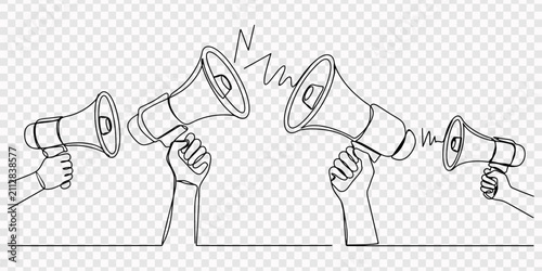 transparent background, continuous one line drawing of hand holding megaphone set for announcement and protest concept vector illustration, Set continuous one line drawing of hands holding megaphone