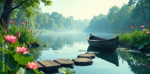 Serene Morning Mist on a Still Lake, Wooden Rowboat Awaits at a Tranquil Waterside Path of Stepping Stones Amidst Blooming Aquatic Plants