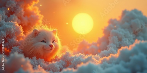 A fluffy white arctic fox pup nestled in a snowy landscape at sunset, basking in the warm golden light