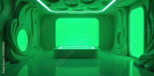 Futuristic Green Room Interior Design with Illuminated Platform and Organic Wall Sculptures