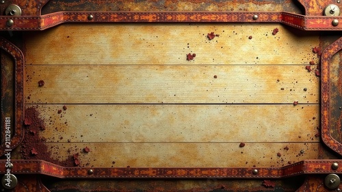 Rustic Wooden Panel with Distressed Metal Frame and Scattered Red Accents, Ideal for Vintage or Retro Designs