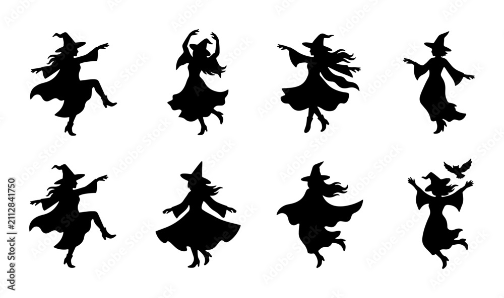 Fototapeta premium Dancing Witch Silhouettes, Halloween Vector Icons, Spooky Celebration Graphics, Magical Character Set