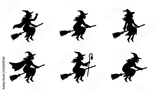 Konstfotografi Witch Silhouettes Set, Flying Halloween Icons, Magical Character Collection, Vec