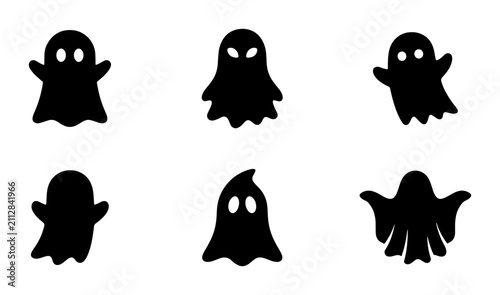 Cuadro en lienzo Six Black Ghost Icons, Spooky Halloween Vector Graphics, Cute Cartoon Spirits Se
