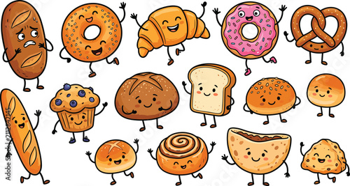 Cute Kawaii Bakery Characters and Pastry Cartoon Vector Set