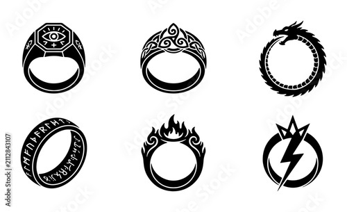 Foto Fantasy Rings Collection, Mythical Jewelry Icons, Magical Symbols Vector Set, An