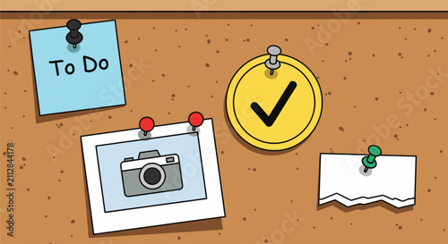 Flat vector illustration of a cork board with four pinned items: a blue square 'To Do' note, a yellow circle with a checkmark, a Polaroid-style photo of a camera, and a torn blank paper scrap.