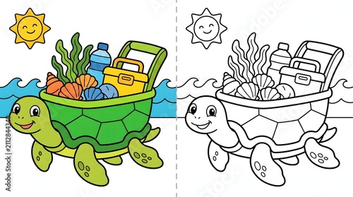 Cute Cartoon Turtle Carrying Beach Picnic Basket Coloring Page Activity Book Outline