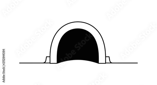 Tableau sur toile Black and white vector illustration of a rounded arch tunnel entrance in a frontal view, with small ground supports on a flat line