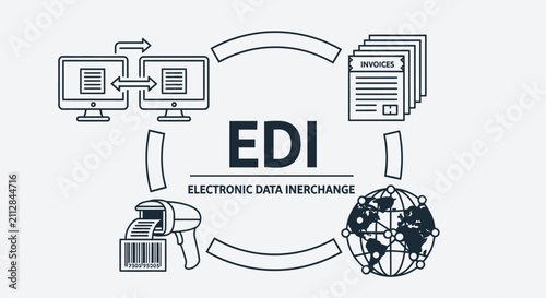 Canvastavla Black and white vector illustration of EDI (Electronic Data Interchange) concept featuring computers, invoices, barcode scanner, and global network icons